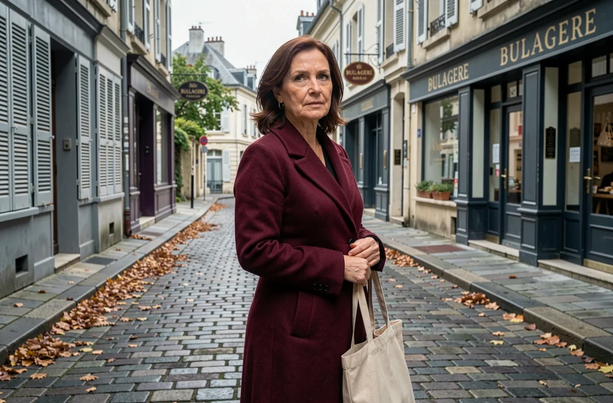 Femme en manteau bordeaux dans une rue pavée d'une ville du nord de la France illustrant l'atmosphère du film La Liste de mes envies avec Mathilde Seigner