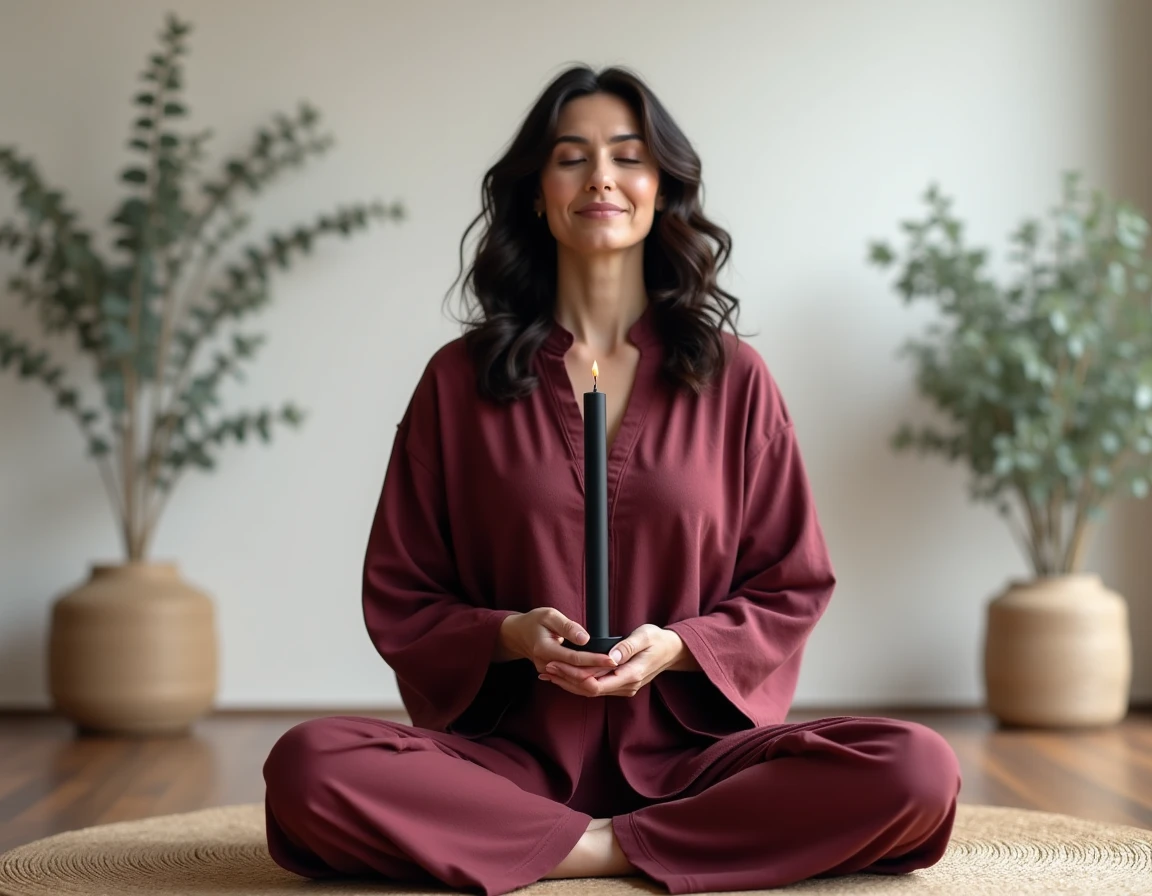 Femme tenant une bougie noire entre ses mains lors d'une méditation de nettoyage énergétique dans une pièce zen et épurée