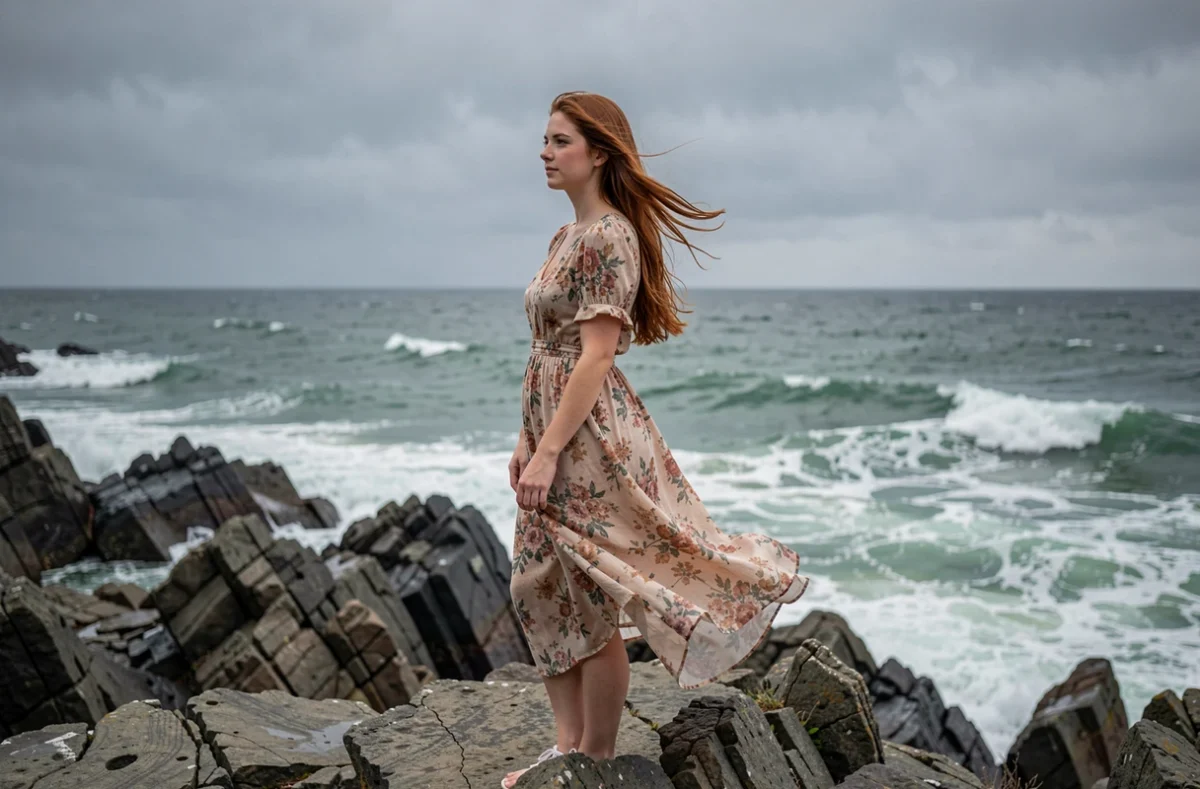 Jeune femme mélancolique au bord de la mer sur une côte rocheuse évoquant la nostalgie et l'amour perdu de la chanson Morgane de toi de Renaud