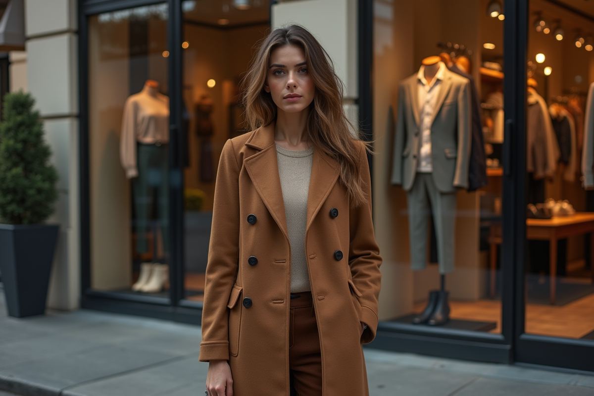 Femme élégante devant une vitrine de boutique en tenue chic