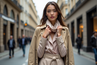 Femme élégante en trench beige ajusté et foulard