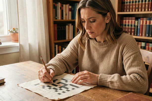 Femme concentrée résolvant une grille de mots croisés avec un crayon, cherchant une ville du Nevada en 4 ou 5 lettres