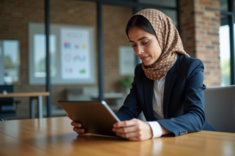Jeune femme nord-africaine en réunion avec tablette