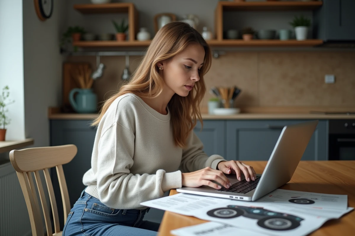 Jeune femme examinant des freins sur son ordinateur à la maison