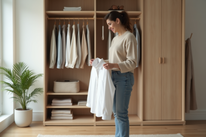 Femme pliant une chemise blanche dans un placard organisé