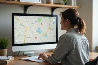 Femme utilisant un outil de géolocalisation d'adresse en ligne sur un ordinateur de bureau à domicile