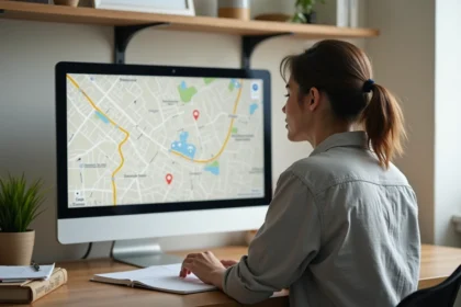 Femme utilisant un outil de géolocalisation d'adresse en ligne sur un ordinateur de bureau à domicile
