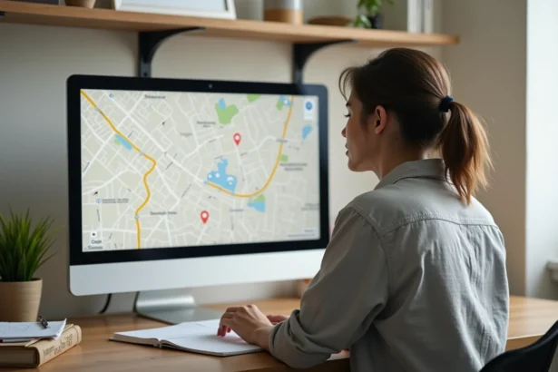 Femme utilisant un outil de géolocalisation d'adresse en ligne sur un ordinateur de bureau à domicile