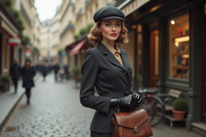Femme élégante en tailleur années 40 dans une rue parisienne