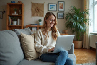 Jeune femme souriante sur un sofa en recherchant un bien immobilier