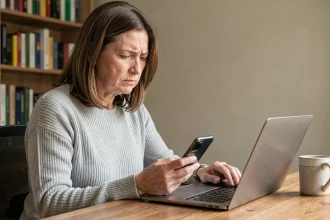 Femme utilisant un service de numéro inversé téléphone sur son ordinateur portable à domicile