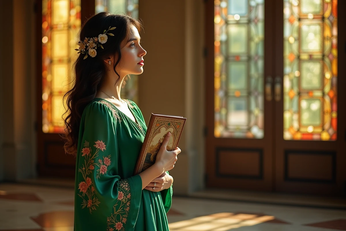 Femme en robe brodée Art Nouveau devant un vitrail Belle Époque dans un bâtiment historique au décor floral et organique