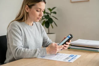 Femme utilisant une application de scan Epsylon sur smartphone avec un guide d'utilisation papier, dans un bureau à domicile organisé