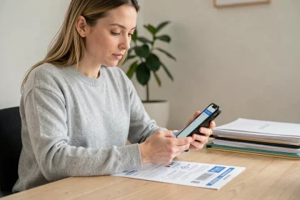 Femme utilisant une application de scan Epsylon sur smartphone avec un guide d'utilisation papier, dans un bureau à domicile organisé