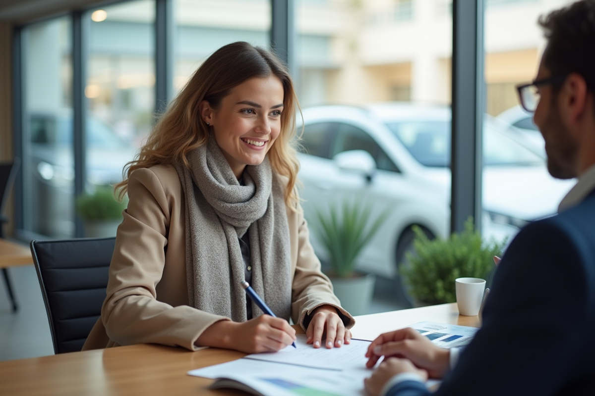 Jeune femme signant un document dans un bureau de concession