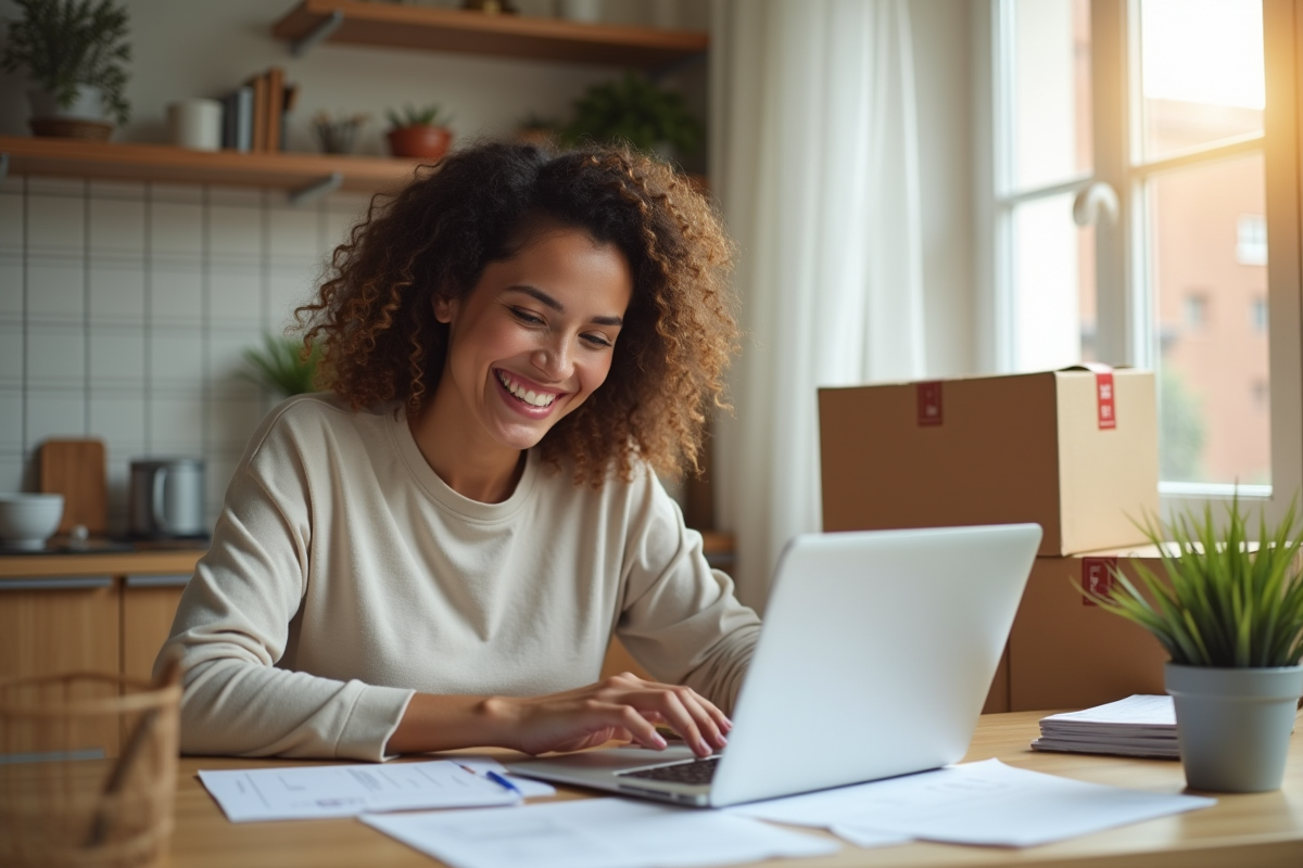 Femme souriante travaillant à la table de cuisine avec cartons
