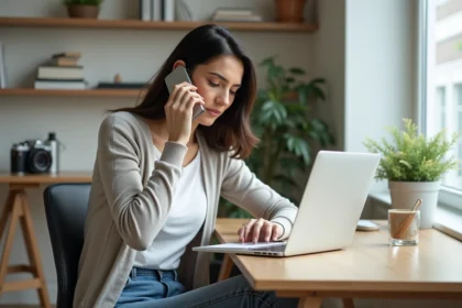 Femme assise en home office parlant au téléphone