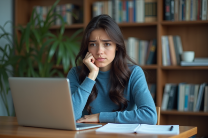 Jeune femme anxieuse travaillant à domicile