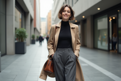 Femme élégante en trench beige dans la ville moderne