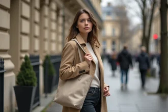 Femme en trench beige sur un trottoir parisien