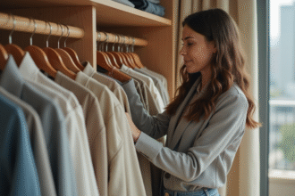 Femme stylée arrangeant ses vêtements dans une chambre moderne