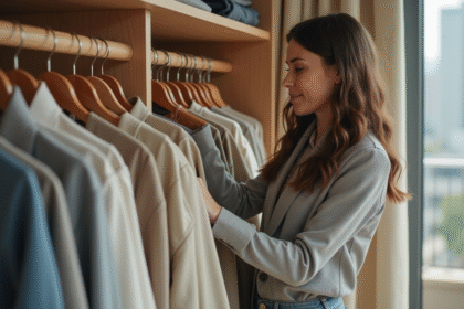 Femme stylée arrangeant ses vêtements dans une chambre moderne