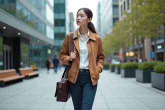 Jeune femme en ville avec sac à messenger dans un espace urbain