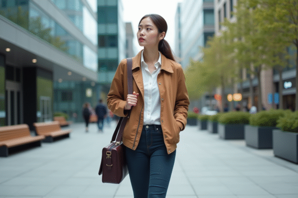 Jeune femme en ville avec sac à messenger dans un espace urbain