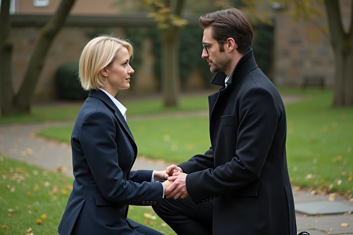 Femme en uniforme respectant un homme dans une cour extérieure