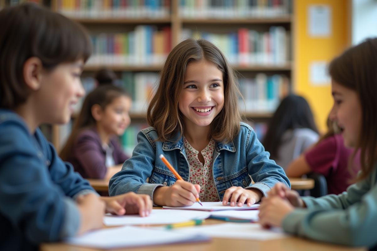 Fille adolescente souriante collaborant en groupe à la bibliothèque