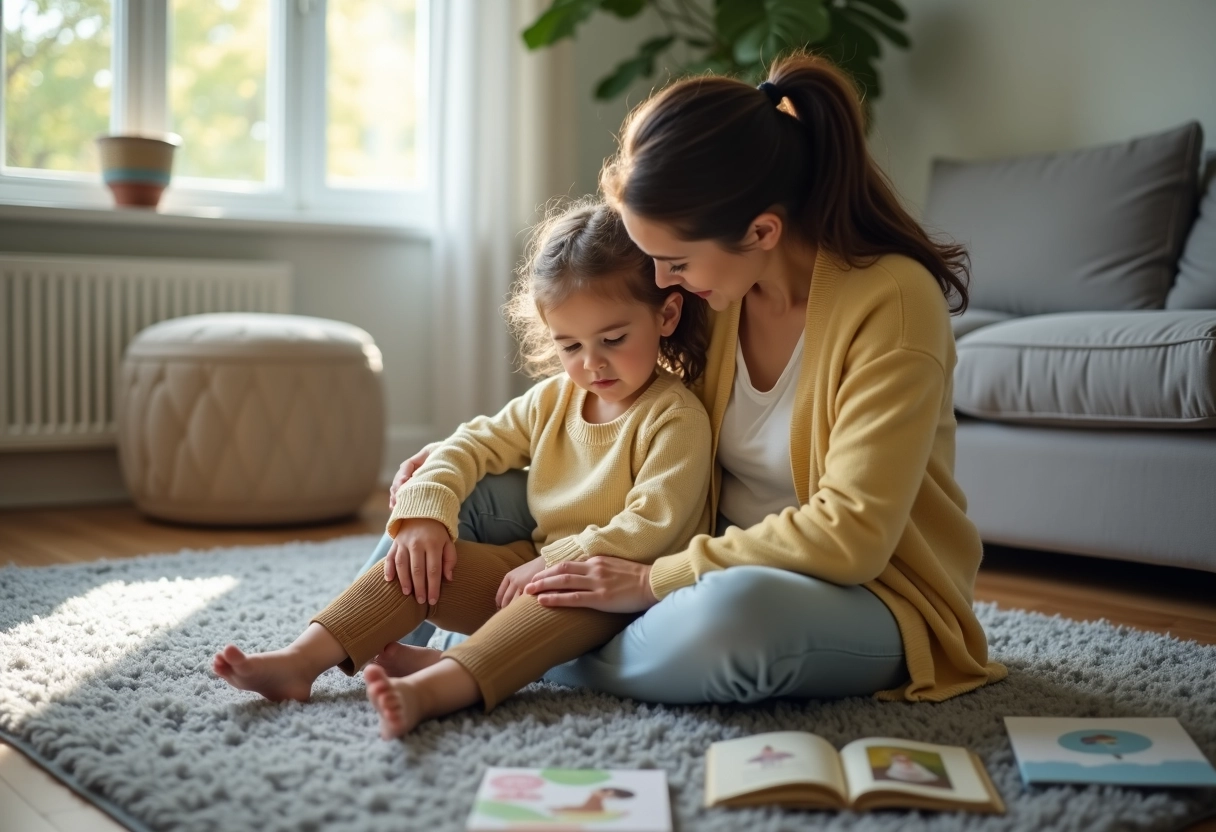 Fille de 7 ans avec une adulte dans un salon lumineux