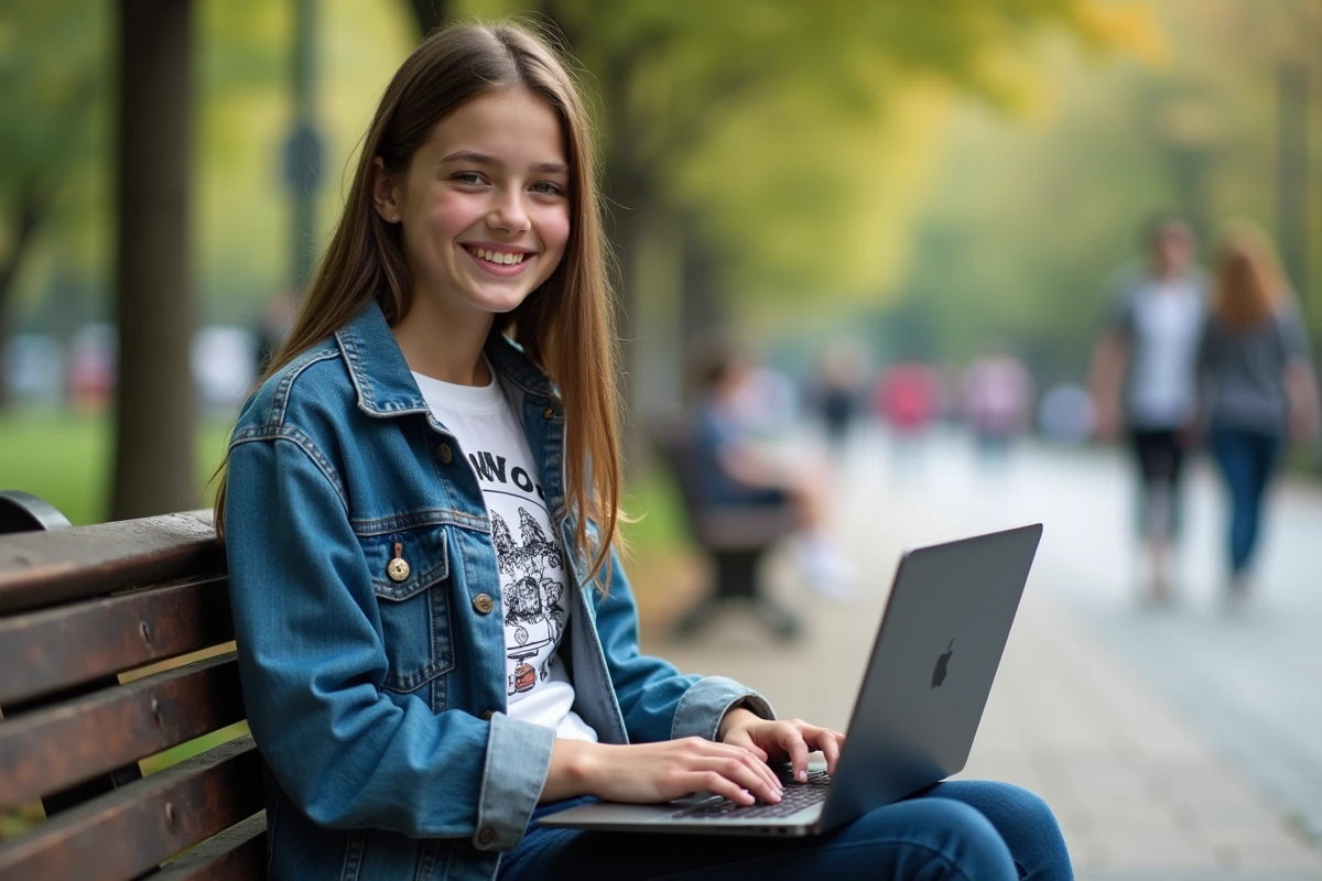 Adolescente souriante code sur son ordinateur dans un parc urbain