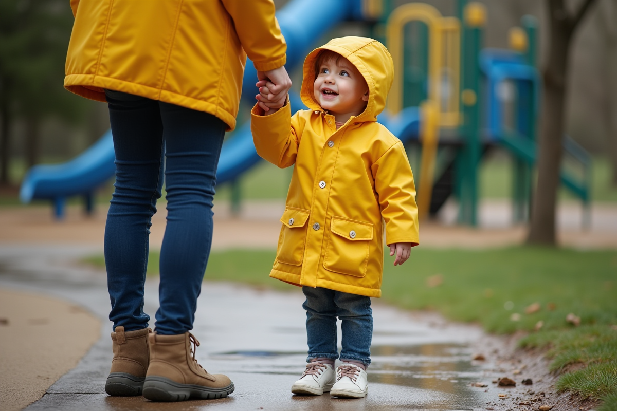 Fille de quatre ans avec imperméable jaune dans un parc