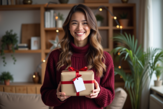 Jeune femme souriante avec cadeau de noel dans un salon chaleureux