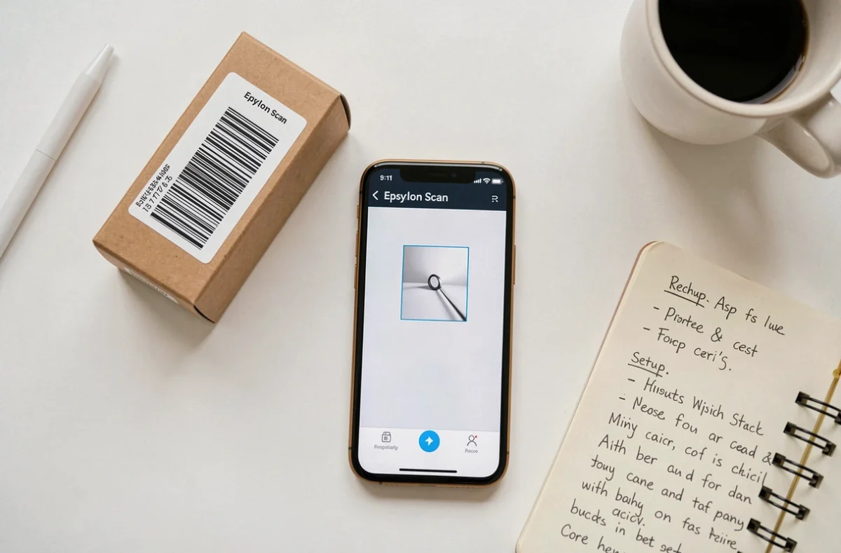 Vue aérienne d'un bureau avec l'application Epsylon Scan ouverte sur un smartphone à côté d'un produit à scanner et d'un carnet de notes