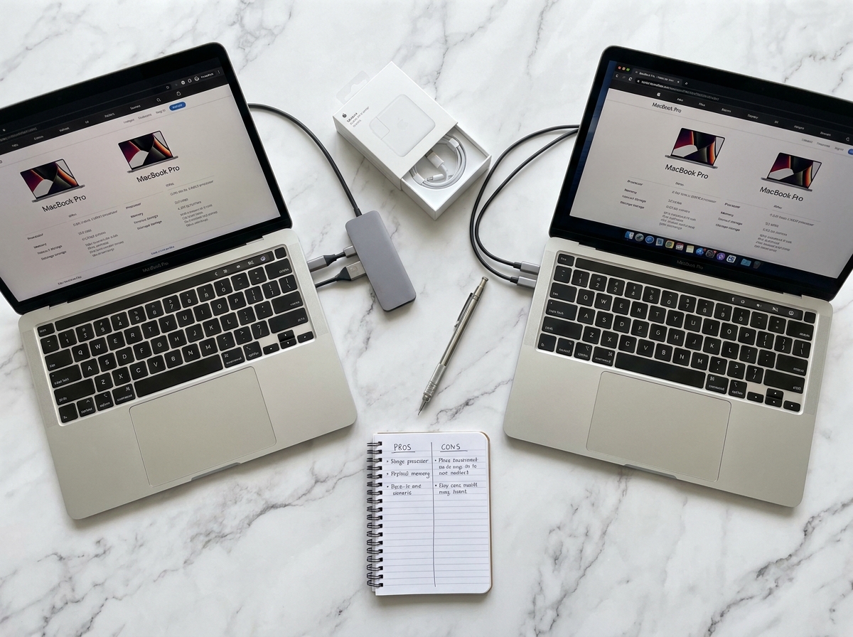 Vue aérienne de deux MacBook Pro ouverts sur une surface en marbre blanc entourés d'accessoires et de notes manuscrites