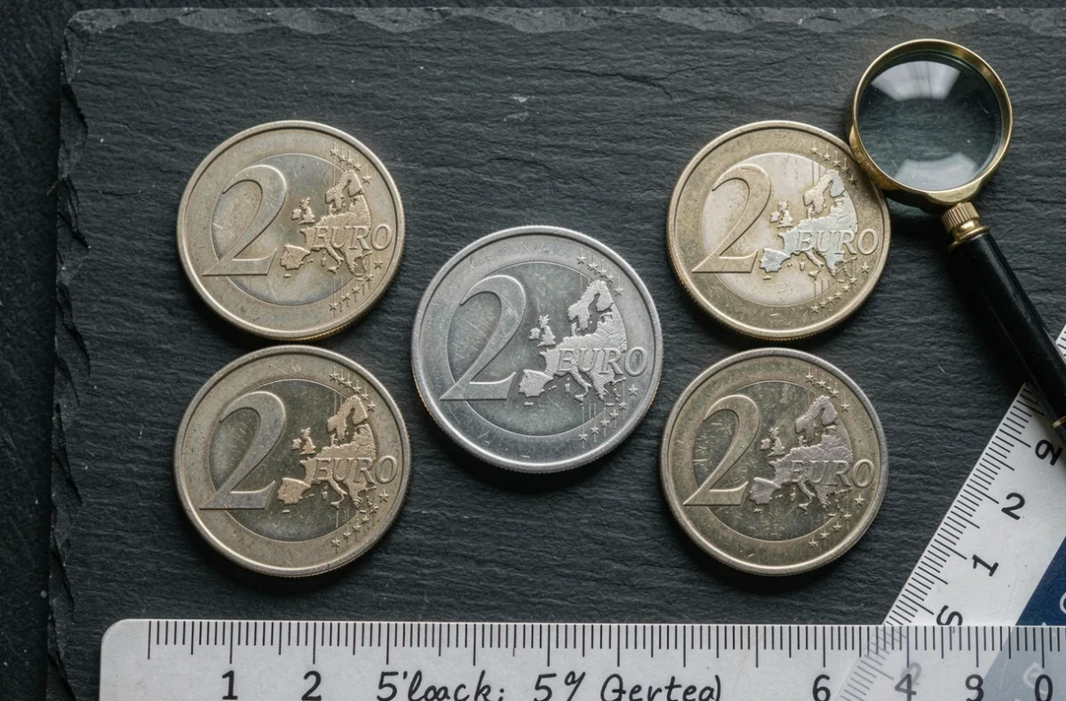 Vue de dessus de plusieurs pièces de 2 euros rares de différents pays européens posées sur ardoise avec loupe et cahier de cotation