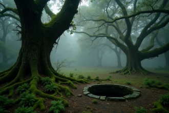 Forêt bretonne brumeuse avec un vieux puits en pierre entouré de fougères et de mousses, ambiance mystérieuse du folklore celtique des korrigans