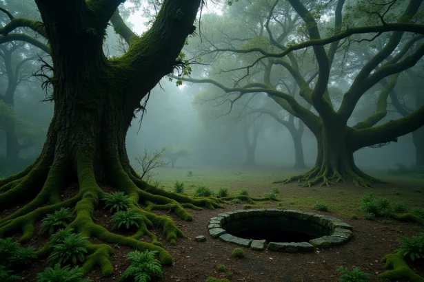 Forêt bretonne brumeuse avec un vieux puits en pierre entouré de fougères et de mousses, ambiance mystérieuse du folklore celtique des korrigans