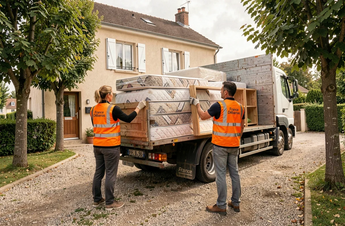 Deux agents de France Débarras chargeant des meubles encombrants sur un camion devant une maison résidentielle