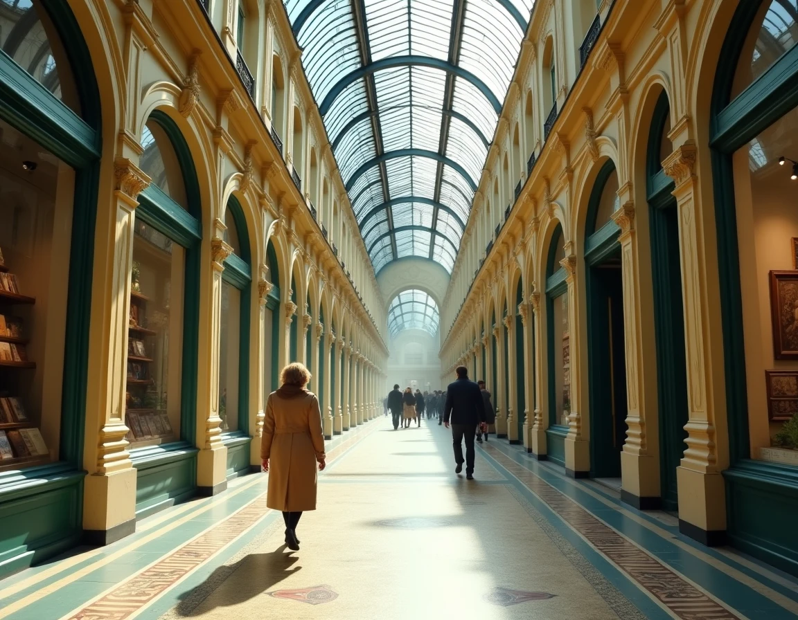 Galerie Vivienne à Paris avec sa verrière néoclassique, sol en mosaïque et visiteurs se promenant sous les arcades
