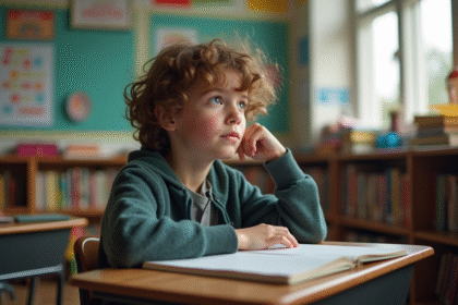 Garçon de 12 ans pensif assis seul à un bureau d'école