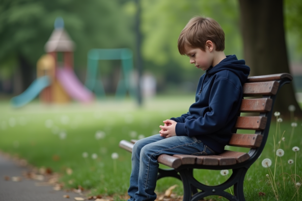 Garçon de 6 ans seul sur un banc de parc en réflexion