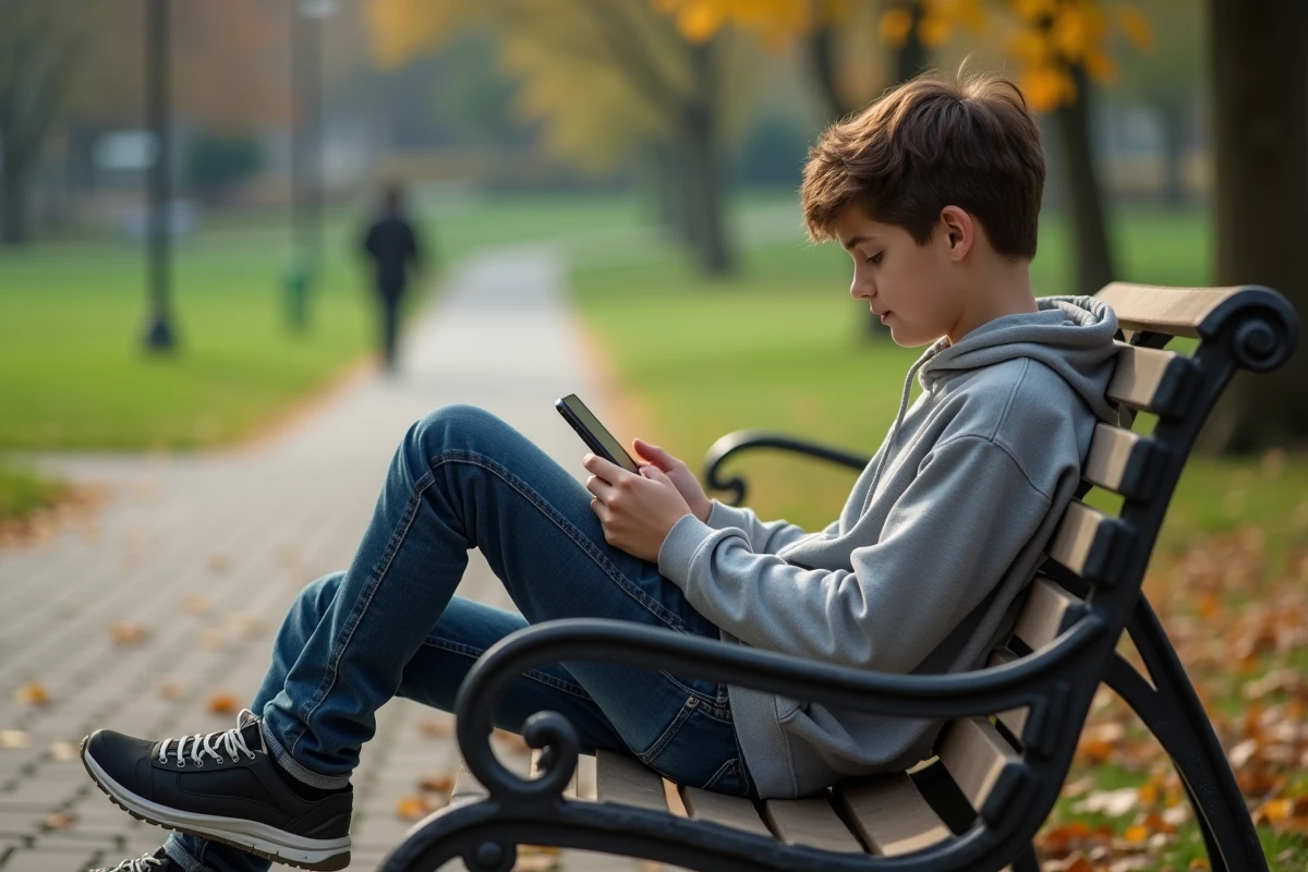 Adolescent lisant manga sur smartphone dans un parc