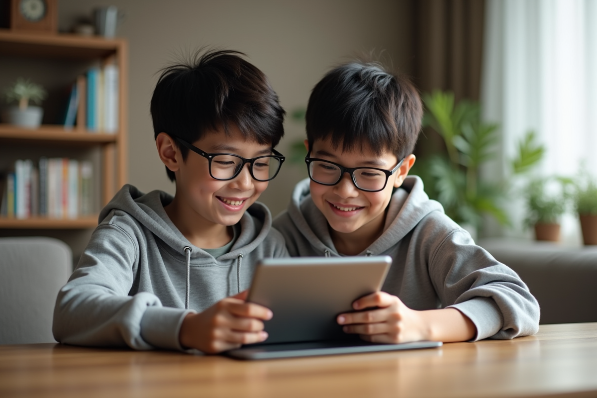 Garçon de 14 ans avec sa mère utilisant une tablette dans le salon