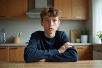 Adolescent assis à la table de cuisine avec expression gênée