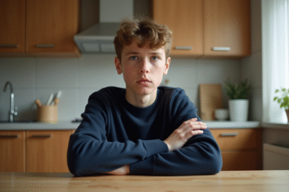 Adolescent assis à la table de cuisine avec expression gênée