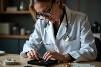 Gémologue professionnelle examinant un bracelet en or pour détecter un faux poinçon étranger à la loupe