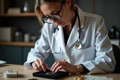Gémologue professionnelle examinant un bracelet en or pour détecter un faux poinçon étranger à la loupe