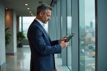 Gestionnaire immobilier en costume examinant une tablette